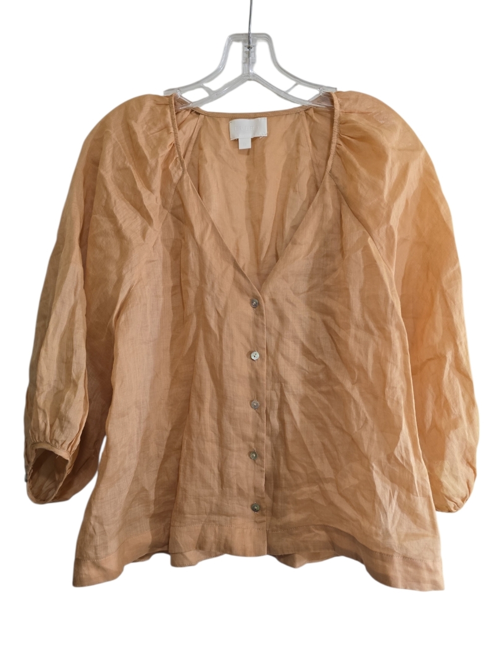 Every 100% Ramie Button Front Boho Peasant Top Small Peach Orange 3/4 Sleeves